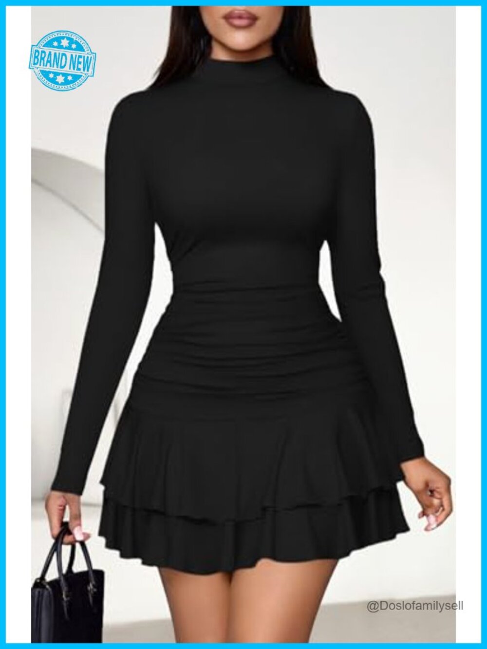 Long Sleeve Ruffle Layered Bodycon Mini Dress Ruched Mock Neck - Picture 5 of 6